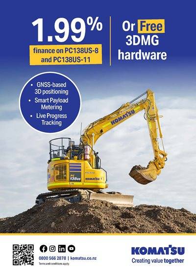 Advertisement featuring a Komatsu hydraulic excavator on a mound of dirt, highlighting features like 3D GPS, 3D Smart Payload, and 3D Positioning. The ad promotes 'Finance at 1.99%25' and '3D MG hardware.' Includes Komatsu logo and contact information.